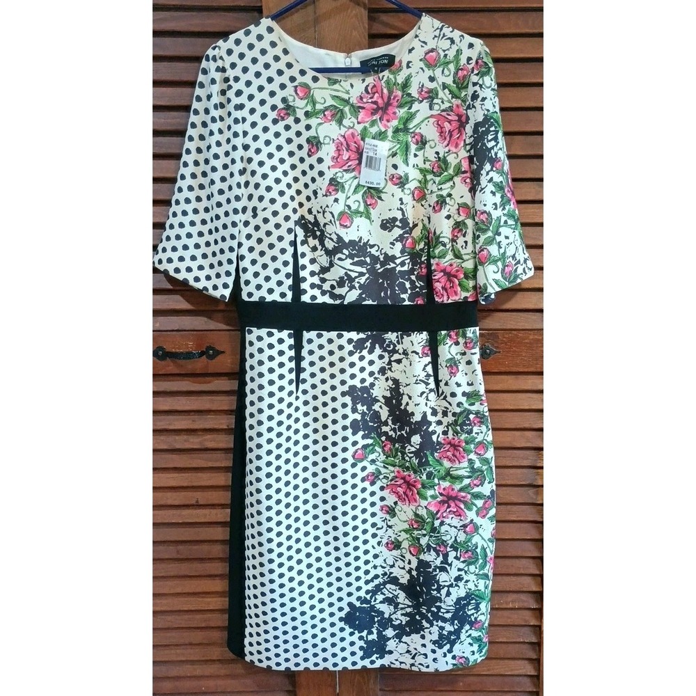 Teri Jon Rickie Freeman NWT Dress size 14 Black‎ & White Polka Dot Pink Roses